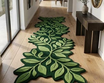 Modern 3D Botanical Leaf Runner Rug - Green Hand-Tufted Organic Shape Designer Hallway Carpet