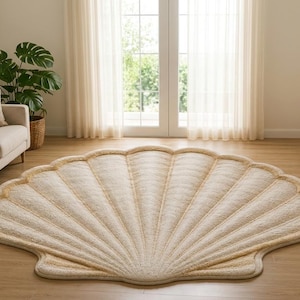 May include: A large, cream-colored area rug shaped like a seashell. The rug features a textured surface with radiating, curved lines that mimic the natural ridges of a scallop shell, creating a distinct fan-like pattern across the floor.