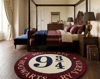 Harry Potter Platform 9 3/4 Round Rug - Hand-Tufted Maroon & Ivory Hogwarts Express Designer Carpet