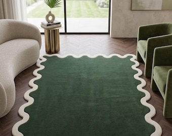 Forest Green Scalloped Rug – Hand-Tufted Wool Blend Wavy Border Carpet