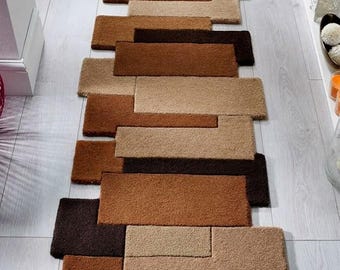 Modern 3D Geometric Runner Rug - Earthy Brown & Terracotta Hand-Tufted Staggered Block Designer Hallway Carpet