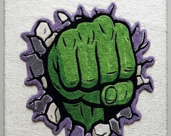 Modern 3D Hulk Smash Area Rug - Green Superhero Fist Hand-Tufted Designer Carpet for Kids Room & Gaming Zone