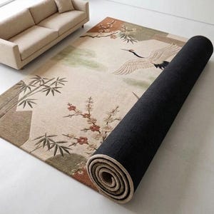 Hand Tufted Wool Rug, Japanese Crane Floral Design, Oriental Living Room Carpet image 4