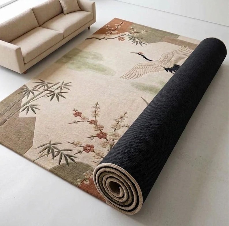 Hand Tufted Wool Rug, Japanese Crane Floral Design, Oriental Living Room Carpet image 4