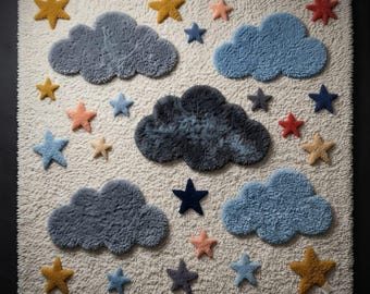 Hand-Tufted 3D Clouds and Stars Area Rug – Celestial Shaggy Kids Carpet