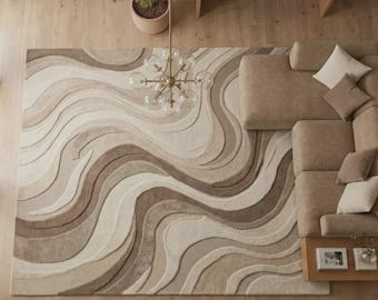 Hand Tufted Wool Rug, Modern Abstract Wavy Area Carpet, Beige Contemporary Living Room Rug