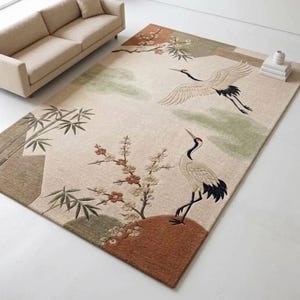 Hand Tufted Wool Rug, Japanese Crane Floral Design, Oriental Living Room Carpet image 5