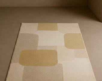 Modern Minimalist Geometric Rug - Beige, Cream & Mustard Hand-Tufted Abstract Overlapping Block Designer Area Carpet