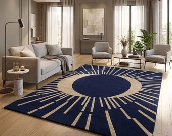 Modern Navy Blue Sunburst Rug - Hand-Tufted Celestial Starburst Designer Area Carpet for Living Room