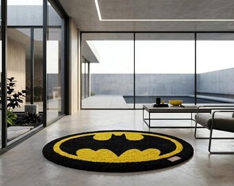 Modern Batman Logo Oval Rug - Yellow and  Black Hand-Tufted Superhero Designer Carpet for Kids Room and Gaming Zone