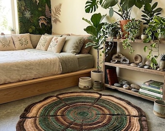 Hand-Tufted 3D Tree Ring Rug – Earthy Brown & Green Log Slice Carpet