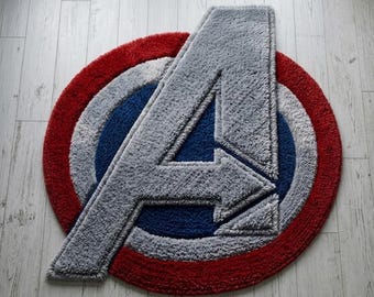 Modern 3D Avengers Shield Rug - Hand-Tufted Red, Blue & Grey Superhero Irregular Designer Area Carpet