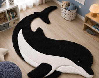Hand-Tufted 3D Dolphin Rug – Black & White Orca Design, Plush Kids Carpet