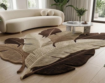 Hand-Tufted 3D Banana Leaf Rug – Earthy Brown Beige Botanical Area Carpet