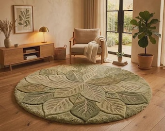 Hand Tufted Wool Leaf Rug, Round Botanical Area Carpet, Nature Inspired Living Room Decor