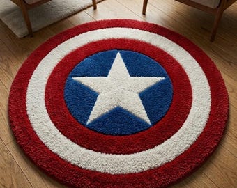 Superhero Shield Round Rug - Captain America Inspired Red White & Blue Hand-Tufted Circular Designer Carpet