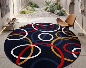 Hand-Tufted Navy Blue Abstract Swirl Round Rug – Modern Wool Blend Carpet