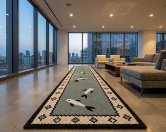 Modern 3D Fish Hallway Runner - Sage Green & Black Hand-Tufted Botanical Designer Long Carpet