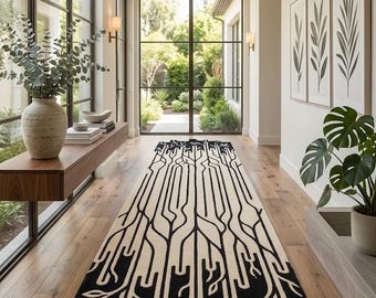 Modern Abstract Tree Branch Runner - Black & Cream Hand-Tufted Irregular Edge Designer Hallway Carpet