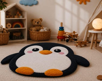 Modern Adorable Penguin Nursery Rug | Hand-Tufted Animal Shaped Sculpted Carpet | Contemporary 3D Kids Room Accent Rug | Shama Royal Rugs