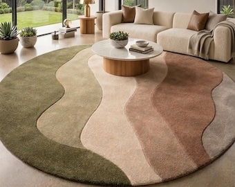 Hand-Tufted Abstract Round Rug – Sage Green, Terracotta, Beige Wavy Design