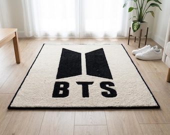 BTS K-pop Logo Area Rug – Black & Cream Hand-Tufted Carpet for ARMY Fans