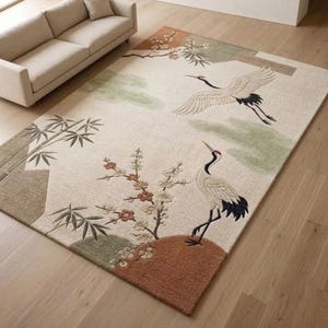 Hand Tufted Wool Rug, Japanese Crane Floral Design, Oriental Living Room Carpet image 1