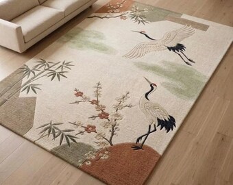 Hand Tufted Wool Rug, Japanese Crane Floral Design, Oriental Living Room Carpet