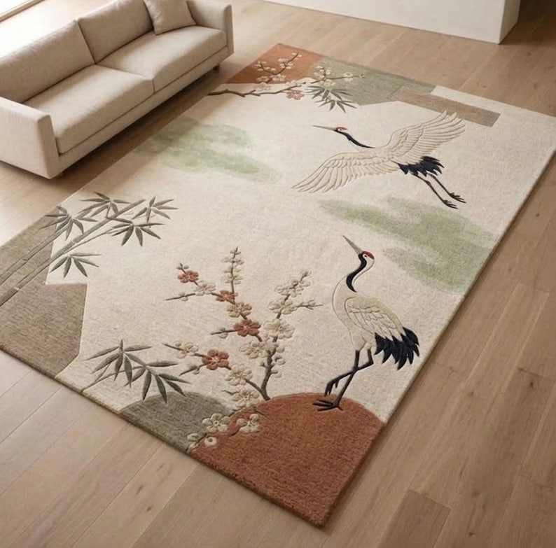 Hand Tufted Wool Rug, Japanese Crane Floral Design, Oriental Living Room Carpet image 1