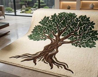 3D Hand-Tufted Tree of Life Rug – Green Leaves, Brown Trunk, Cream Background
