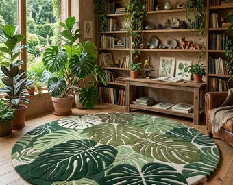 3D Monstera Leaf Round Rug – Hand-Tufted Botanical Carpet (Wool Blend)