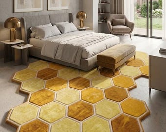 Hand-Tufted 3D Honeycomb Hexagon Rug – Yellow Gold Wool Blend Area Carpet