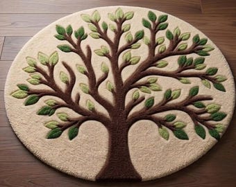 3D Hand-Tufted Tree of Life Round Rug – Green Leaves, Brown Trunk, Cream Background