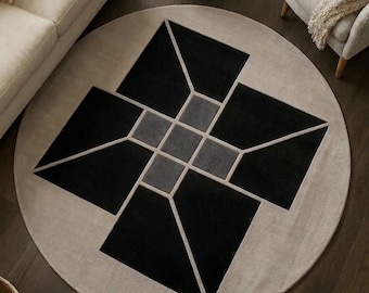 Handmade Round Geometric Tufted Rug, Black Cream Gray Wool Carpet (Modern Minimalist)