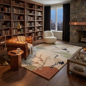 Hand Tufted Wool Rug, Japanese Crane Floral Design, Oriental Living Room Carpet image 3