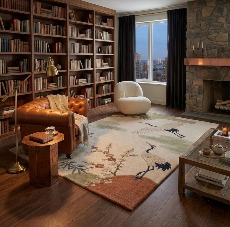 Hand Tufted Wool Rug, Japanese Crane Floral Design, Oriental Living Room Carpet image 3