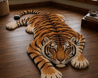 Tiger Shaped Tufted Rug, Handmade Tiger Area Rug, Wildlife Animal Carpet, Statement Floor Rug, Custom Wool Rug, Home Decor