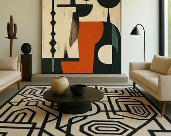 Hand-Tufted Geometric Tribal Rug – Black Cream Abstract Linear Designer Carpet