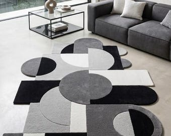 Modern Bauhaus Geometric Irregular Rug - Monochromatic Black, Grey & White Hand-Tufted Abstract Designer Area Carpet