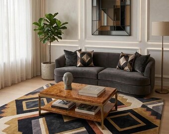 Handmade Geometric Wool Rug, Abstract Art Deco Mid Century Tufted Carpet
