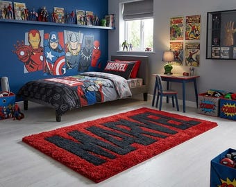 Modern 3D Marvel Logo Rug - Red & Black Hand-Tufted Superhero Theme Plush Designer Area Carpet for Home Theater
