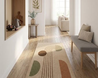 Modern Abstract Geometric Rug - Earthy Terracotta & Sage Hand-Tufted Minimalist Designer Area Carpet for Bedroom