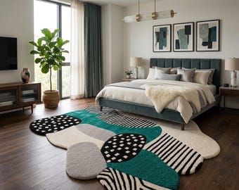 Modern Abstract Irregular Rug - Teal, Black & White Hand-Tufted Organic Shape Patterned Designer Area Carpet
