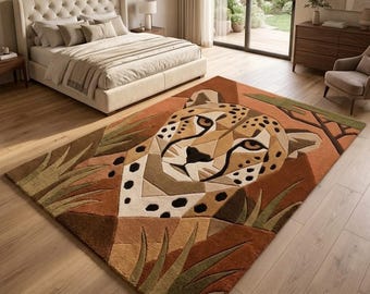 3D Cheetah Portrait Rug – Hand-Tufted Geometric Animal Print (Terracotta, Olive)