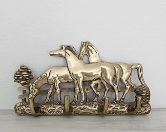 Vintage Brass Horse Wall Hooks Key Rack Equestrian Western Home Decor