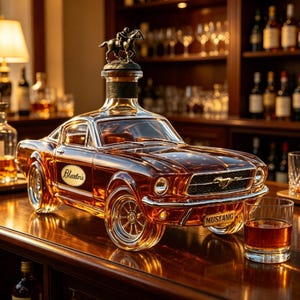 May include: A brown glass decanter shaped like a classic Mustang car, with a horse and rider stopper. The decanter has the word "Blanton's" on the side and "Mustang" on the front. A glass of amber liquid sits nearby.