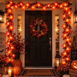 Puede incluir: Una puerta de entrada decorada para el otoño con una guirnalda de hojas de arce iluminadas, una corona con calabazas y un lazo de arpillera, y un felpudo. El porche cuenta con crisantemos naranjas, calabazas, linternas y carteles decorativos.