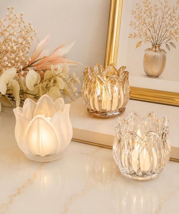 Lotus Glas Teelichthalter, gefrostete Kristall elegante Wohnkultur, Schlafzimmer Spa Kerze Akzent