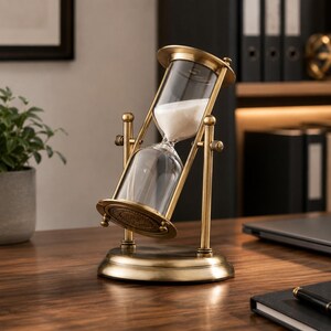 Könnte beinhalten: Eine Sanduhr aus Messing mit drehbarem Rahmen und klaren Glaskolben, die weißen Sand enthalten. Die Metallstruktur besteht aus einem runden Sockel und einer oberen Platte, wobei die Sanduhr schräg zwischen den Stützpfeilern montiert ist.