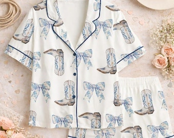 Blue Bow and Cowboy Boot Pajama Set - Coastal Cowgirl Aesthetic Loungewear - Cute Western Sleepwear for Women